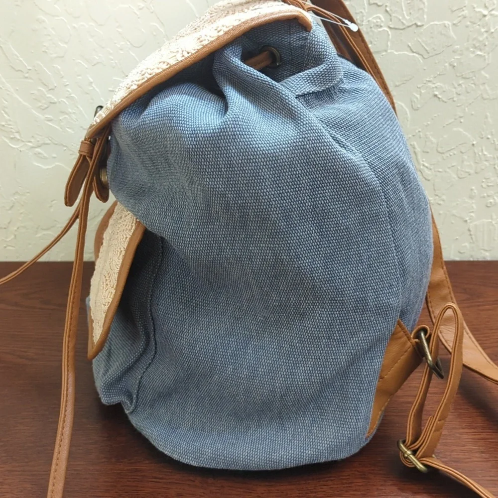LIKE NEW Rue21 Retro Canvas Crochet and Faux Leather Drawstring Backpack